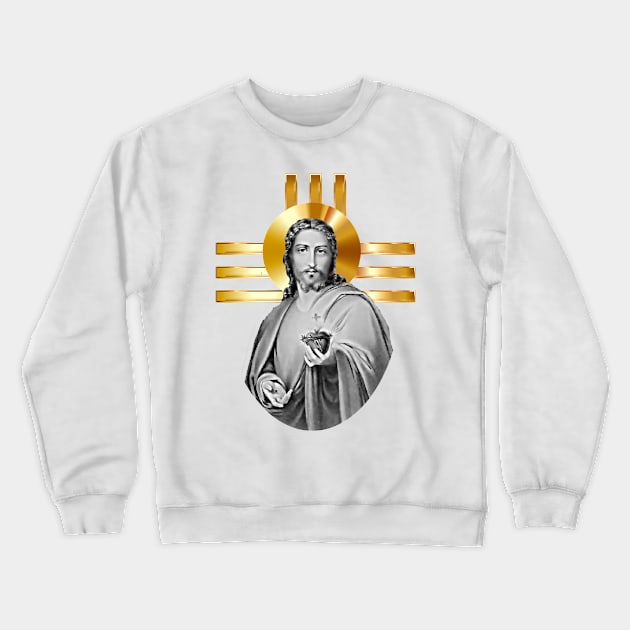 Jesus with the golden cross and his heart on fire with love Crewneck Sweatshirt by Marccelus